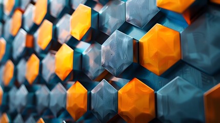 Blue and orange hexagons in a seamless 3D geometric pattern backdrop with a futuristic,digital and minimalist design