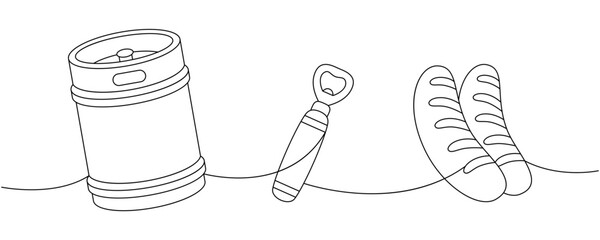 Brewery set one line continuous drawing. Metal beer keg, bottle opener, fried sausages continuous one line illustration. Vector linear illustration.