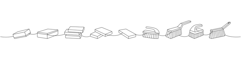 Cleaning service tools one line continuous drawing. Sponges, washcloths, brushes continuous one line illustration. Vector linear illustration.