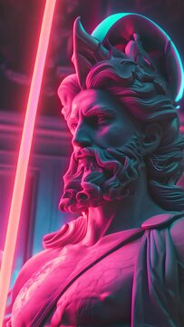 Striking neon-lit representation of Hades, the Greek god of the underworld, depicted in vivid pink and blue hues, blending ancient mythology with modern artistic expression. Vertical video