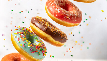 Enchanting Treats Descending: Strawberry, Caramel, and Chocolate Donuts in Motion