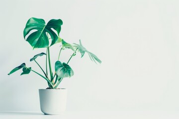 A cute mini Monstera plant in a pot, white background, depth of field