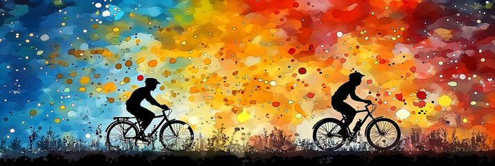  two silhouettes of cyclists on a multicolor background
