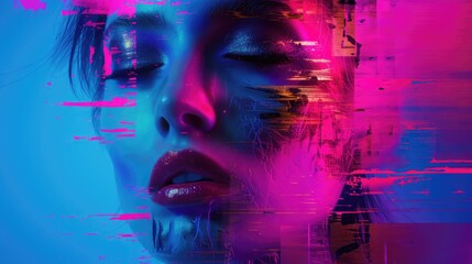 Futuristic abstract portrait of smart woman looking at camera with digital glitch with vibrant neon light. Young beautiful female staring at camera represent digital robotic simulated human. AIG42.