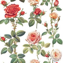 a seamless pattern of roses with green leaves on a white background