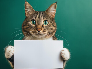 Tabby cat holding a white square piece of paper with copy space, creative commons attribution with lively advertising inspired style. Against a green background