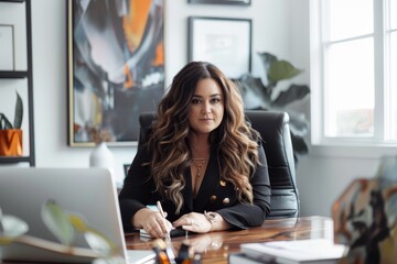 A Visionary Curvy Marketing Director Meticulously Crafts a Groundbreaking Campaign Strategy in Her Modern Office