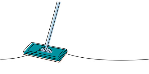 Floor cleaning mop one line colored continuous drawing. Cleaning service tools continuous one line illustration. Vector linear illustration.