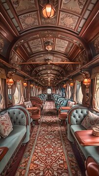 A train car with a dining area and a few couches. The dining area has a lot of light and the couches are blue. Vertical video