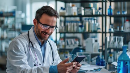 Science, tablet and portrait of a male scientist doing research with technology in a medical laboratory, Happy, smile and man chemist or biologist working on a mobile device in a pharmaceutical lab