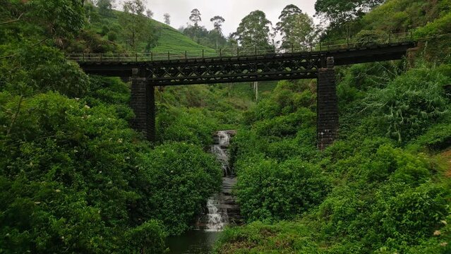 Aerial view reveals historical viaduct over cascading waterfall, rich green plants in Nanu Oya, Sri Lanka. Train track on colonial era bridge amid tea plantation, natural scenic landscape from drone.