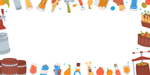 Fruit cider elements in horizontal banner. Wooden barrels, cans, glasses, mugs, metal keg, bottle opener, tap. Fruit beer collection.