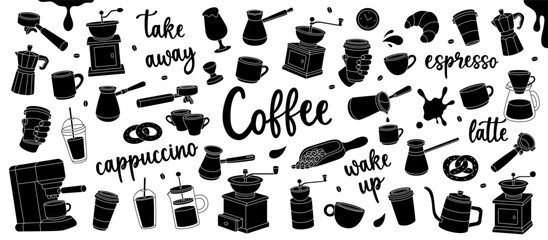 Black coffee shop set. Beans, drinks, pot, package, grinder, filter, machine, portafilter, kettle. Hand drawn elements for cafe menu, coffee shop.