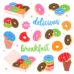 Donuts set banner. Glazed doughnuts with sprinkles. Bakery sweet pastry food. Hand drawn elements for confectionery menu, bakery shop.