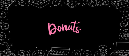 Donuts horizontal banner. Take away donuts. Glazed doughnuts with sprinkles. Bakery sweet pastry food. Vector illustration.
