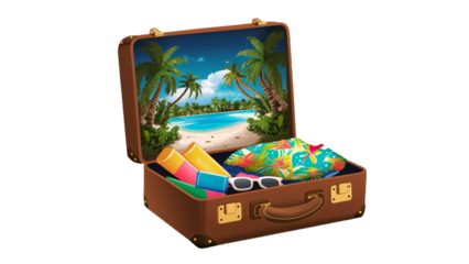 Holiday-themed travel banner displayed on suitcase, exotic tropical destination with palm trees, white sand beaches, and crystal-clear waters, summer travel destination ad, transparent background