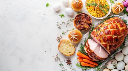 Classic Easter ham dinner. Top view table scene on a white background. Ham, eggs, hot cross buns, carrot, cake and vegetables. Panorama with copy space