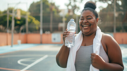 A photo captures an overweight black woman in her early thirties, laughing and holding up a water bottle with a white towel around her neck on the basketball court after a workout. 