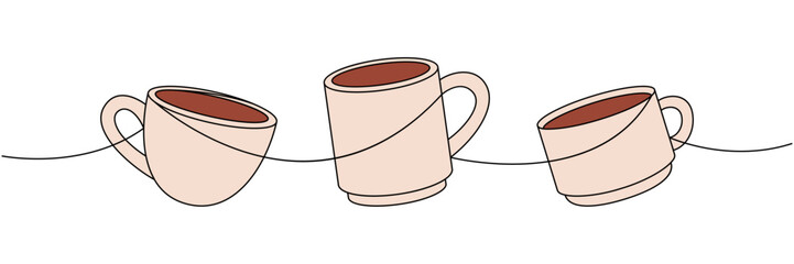 Traditional coffee cups one line colored continuous drawing. Hand drawn elements for cafe menu, coffee shop. Vector linear illustration.