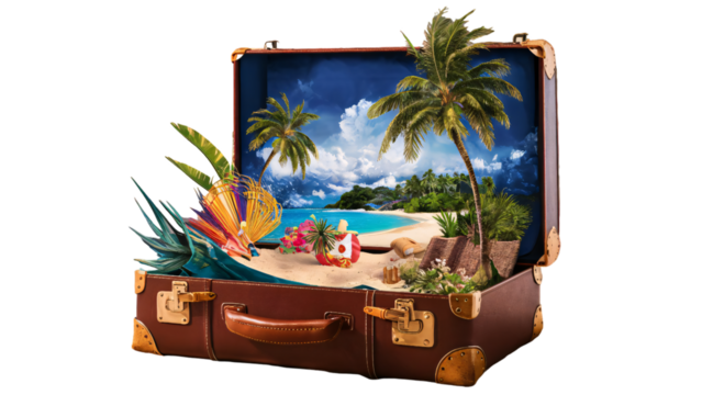 Holiday-themed travel banner displayed on suitcase, exotic tropical destination with palm trees, white sand beaches, and crystal-clear waters, summer travel destination ad, transparent background