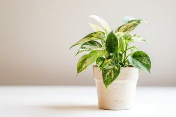 cute mini Variegated pothos plant in a pot, white background, depth of field