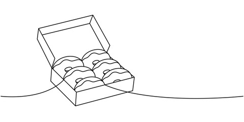 Donuts in a box one line continuous drawing. Bakery sweet pastry food. Vector linear illustration.