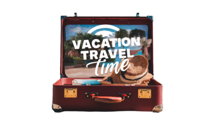 Holiday-themed travel banner displayed on suitcase, exotic tropical destination with palm trees, white sand beaches, and crystal-clear waters, summer travel destination ad, transparent background