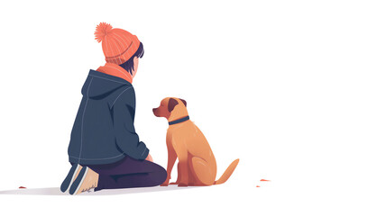 Illustration of a person in a winter outfit and beanie sitting beside a golden dog, both gazing into the distance on a plain white background.