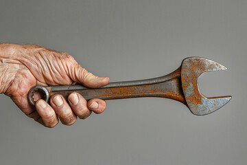 An elderly man's hand holding a vintage metal wrench. Hand with work marks firmly holding a wrench worn due to long period of use.