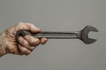 An elderly man's hand holding a vintage metal wrench. Hand with work marks firmly holding a wrench worn due to long period of use.
