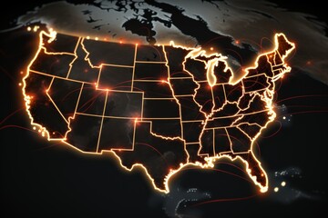 A detailed and vibrant image of a glowing orange map of the USA with state borders outlined in bright light against a dark background, creating a striking and eye-catching visual representation