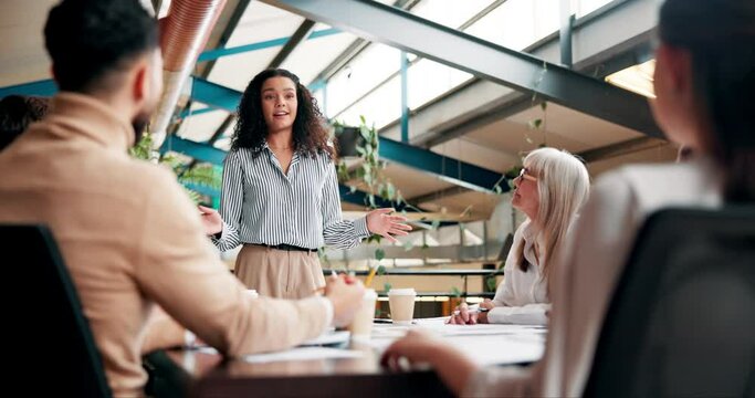 Meeting, presentation and woman with business people in office for planning, discussion and proposal ideas. Creative agency, journalism and men and women for teamwork, feedback and collaboration