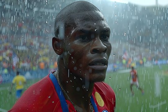 Focused soccer player in the rain, determined to perform well. Wearing red jersey and black shorts, he shows resilience and dedication in challenging conditions under stormy skies - Powered by Adobe