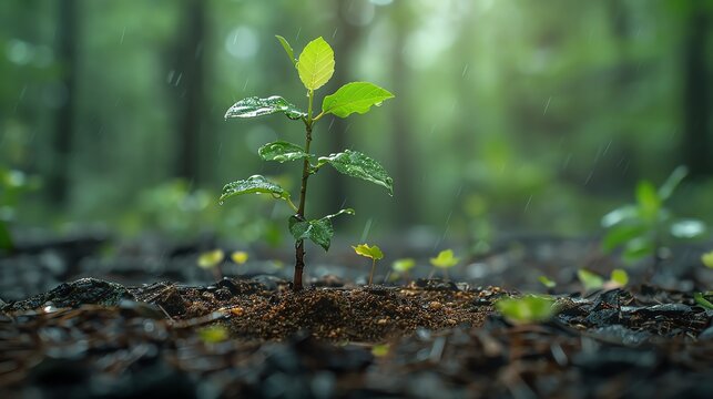 Oak tree sapling in a forest clearing, hopeful symbol of growth and renewal