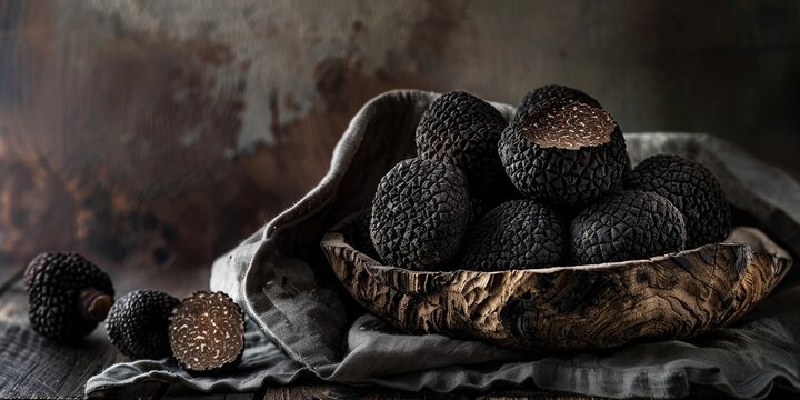 Black truffles in a wooden bowl on a dark background AIG51A.