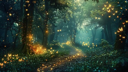 Fantasy forest with glowing fireflies mystical trees. Generate AI image