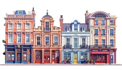 Fototapeta premium A illustration of four colorful building on a white background