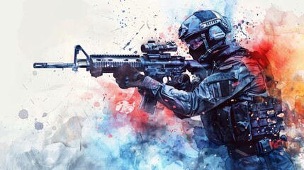 Artistic watercolor depicting a SWAT officer in full gear reloading his weapon quickly, dynamic brush strokes capturing swift movement