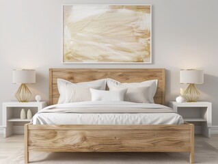 white oak and white metal bed frame with night stands, bedroom decor mockup, soft lighting, gold accents, soft beige abstract painting on the wall 
