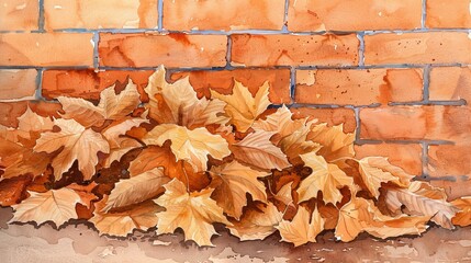 Charming watercolor of brown autumn leaves piled against an orange brick wall, symbolizing the change of seasons and the warmth of fall