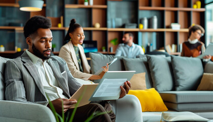 Fototapeta premium showing two business professionals seated in a modern lounge area of their office, reviewing digital documents on a tablet as their team engages in discussions behind them, office,