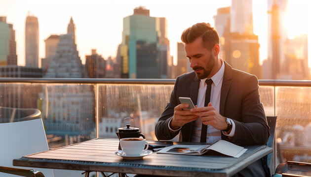 showing a businessman at a rooftop café, using a smartphone to finalize business deals while enjoying a coffee break, city skyline in the background, office, business, with copy sp