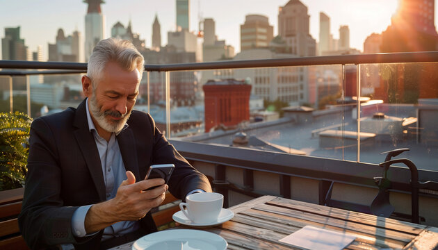 showing a businessman at a rooftop café, using a smartphone to finalize business deals while enjoying a coffee break, city skyline in the background, office, business, with copy sp