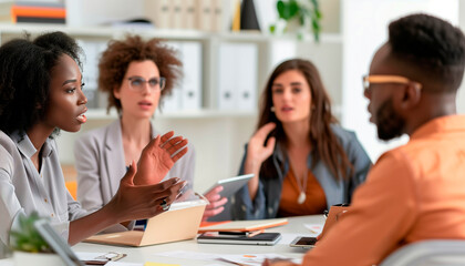 Fototapeta premium of a diverse HR team conducting a workshop, with one member speaking and others listening intently, using notepads and digital devices to take notes, office, business, white backgr