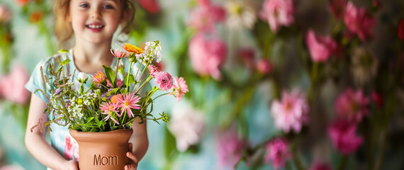 capturing a child presenting a handmade clay pot with "Mom" engraved on it, filled with her favorite flowers, Mother’s Day, family, mother, mom, love, with copy space
