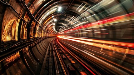 Vivid portrayal of a subway tunnel snaking through the city's heart, bustling with rapid transit activity, a lifeline of the urban landscape