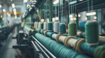 Industrial yarn production with a green twist, close-up on the eco-friendly machines and materials, in a bustling factory environment