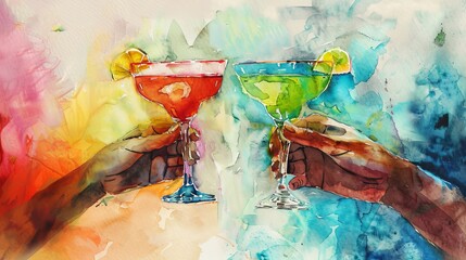 Elegant watercolor close-up of delicate hands holding sleek, modern margarita glasses, the drinks' vivid colors popping against a subtle background