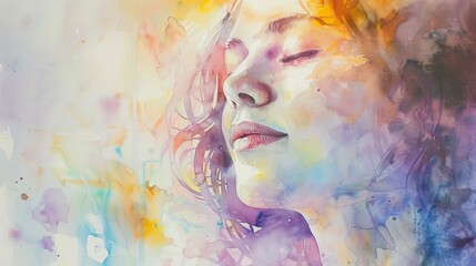 Fototapeta premium Emotional watercolor depicting a female singer with closed eyes, lost in the music, soft pastel tones evoking the mood of the melody
