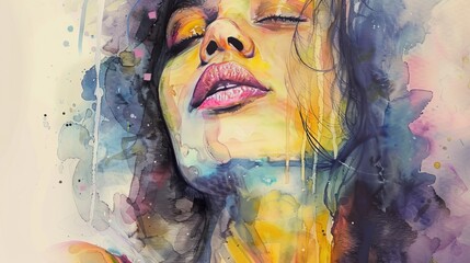 Emotional watercolor depicting a female singer with closed eyes, lost in the music, soft pastel tones evoking the mood of the melody